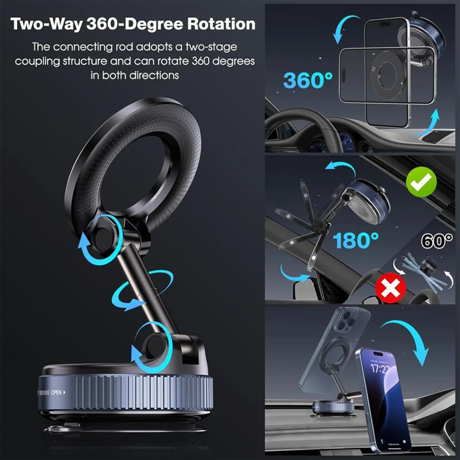 Twist-Lock Vacuum Suction Magnetic Smartphone Mount, Multi-Angle Adjustable In-Vehicle And Desktop Phone Stand